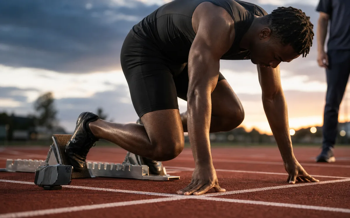 Sprinter in starting blocks with a phone placed near the block