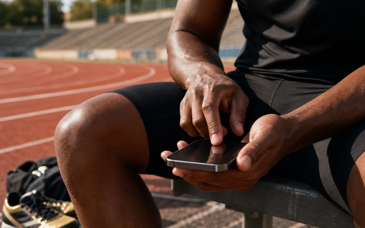 Athlete tapping an iPhone trackside for a CNS readiness test