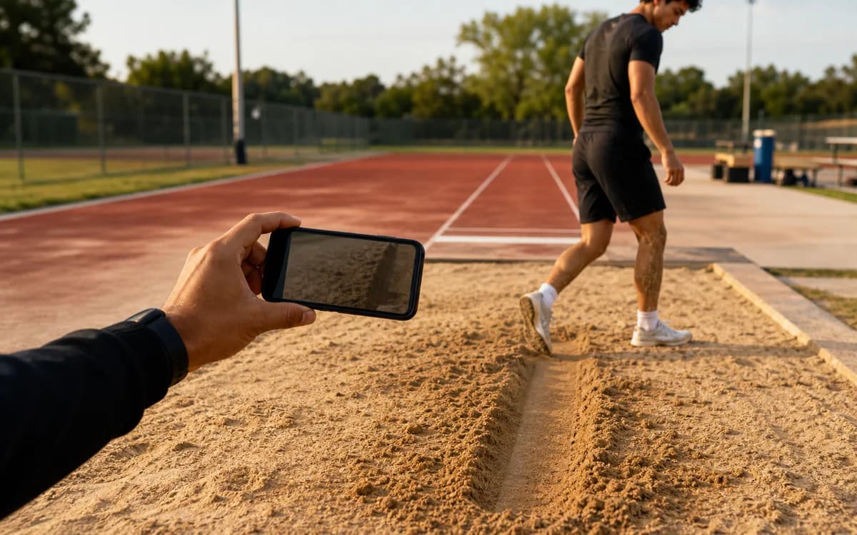 Coach measuring a long jump landing mark with a phone camera