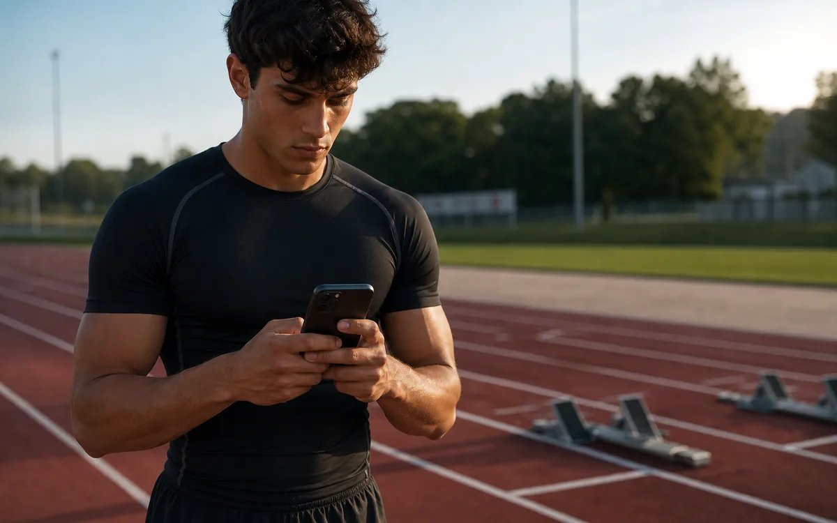Sprinter holding a phone before a reaction timing test