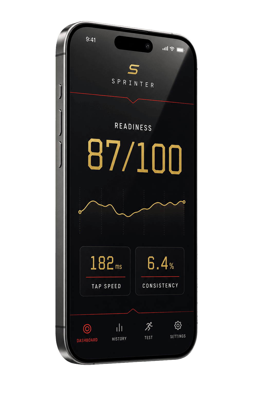 Sprinter iOS app showing a CNS readiness score of 87 out of 100 on an iPhone